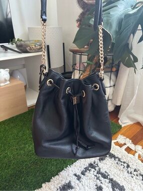 Victoria’s Secret Black Leather Bucket Bag with Gold Chain Strap